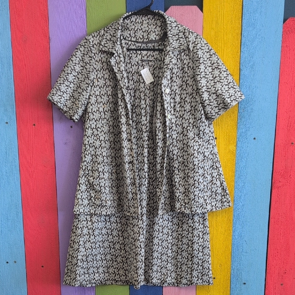 Vintage 70s Gray and Brown Floral Dress Set